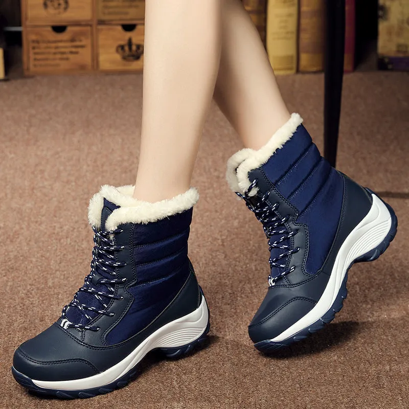 Plus velvet high-top women's waterproof snow boots in black with wedge heel and car suture detail
