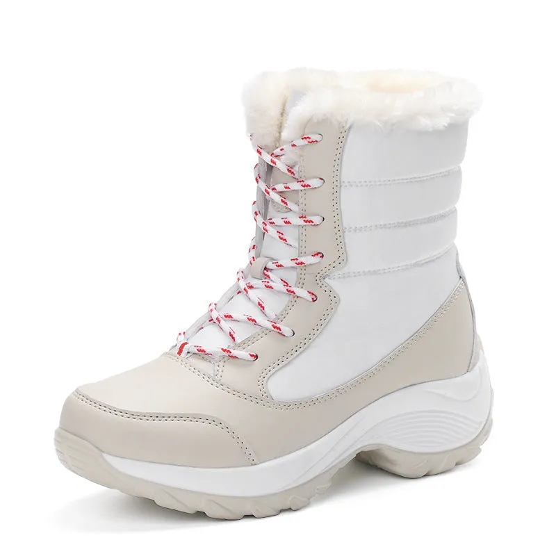 Plus velvet high-top women's waterproof snow boots in black with wedge heel and car suture detail