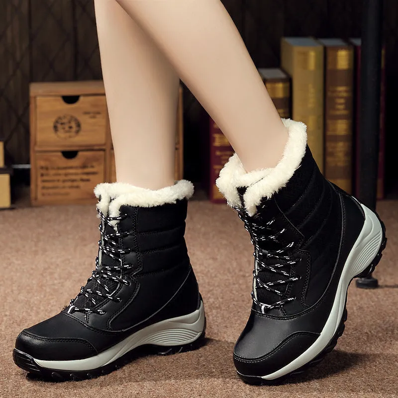 Plus velvet high-top women's waterproof snow boots in black with wedge heel and car suture detail