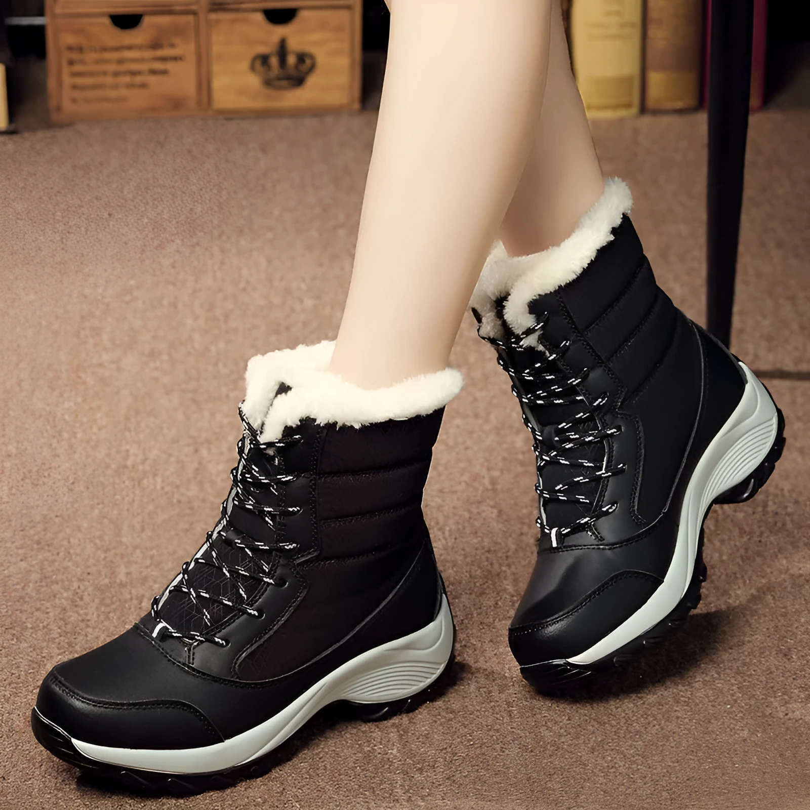 Plus velvet high-top women's waterproof snow boots in black with wedge heel and car suture detail
