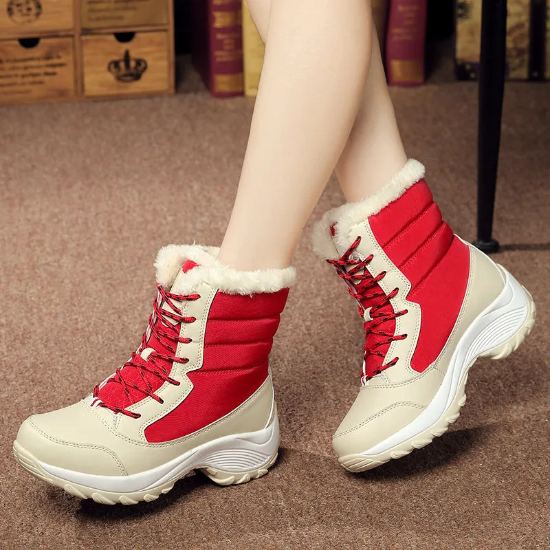 Plus velvet high-top women's waterproof snow boots in black with wedge heel and car suture detail