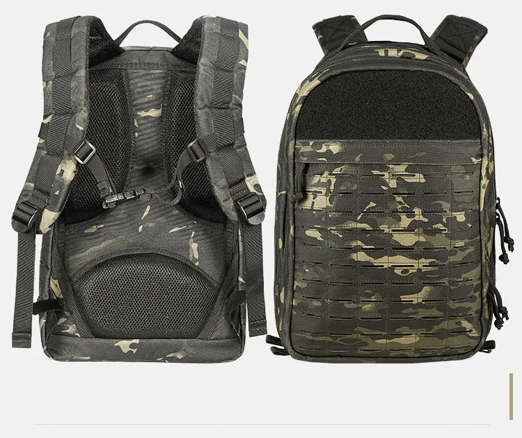 Outdoor hiking backpack in camouflage 600D polyester with 36-55L capacity and ergonomic shoulder strap