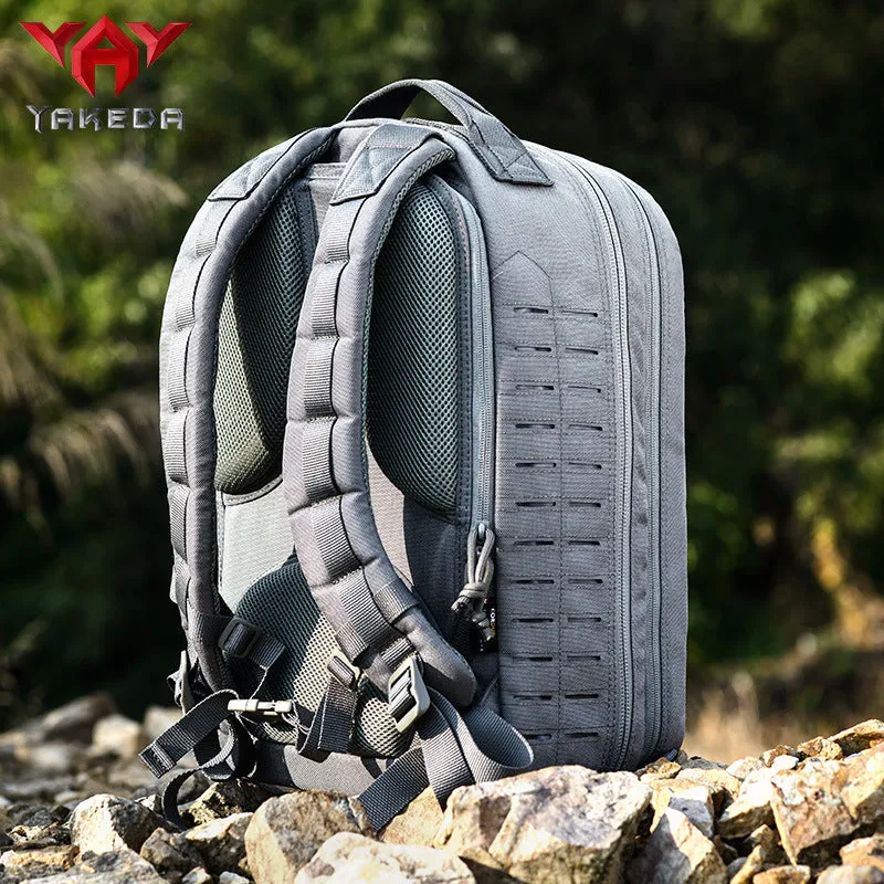 Outdoor hiking backpack in camouflage 600D polyester with 36-55L capacity and ergonomic shoulder strap