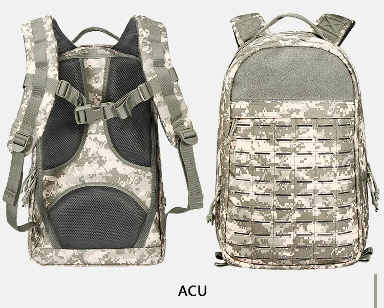 Outdoor hiking backpack in camouflage 600D polyester with 36-55L capacity and ergonomic shoulder strap