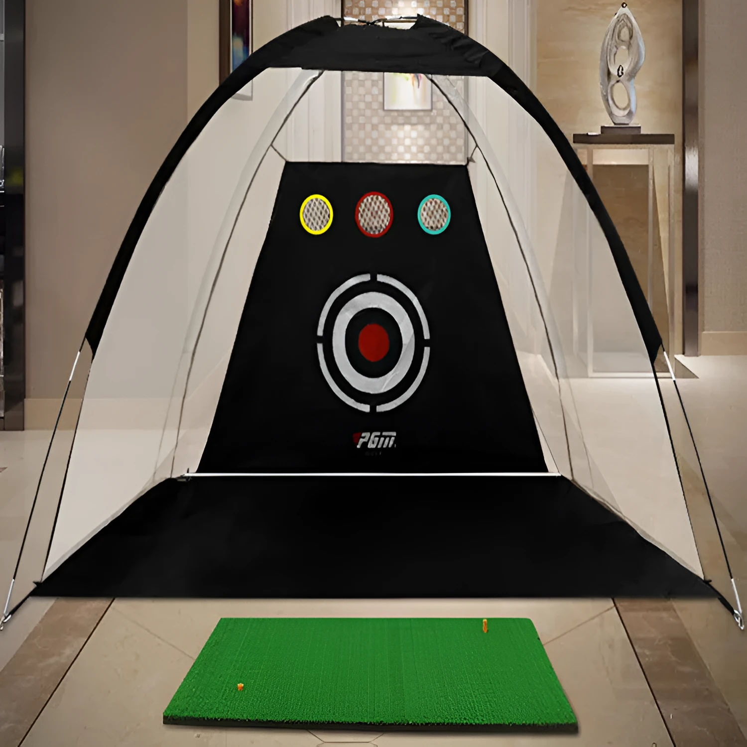 Golf practice net in green or black made from 210D Oxford cloth and polyester mesh for indoor outdoor use