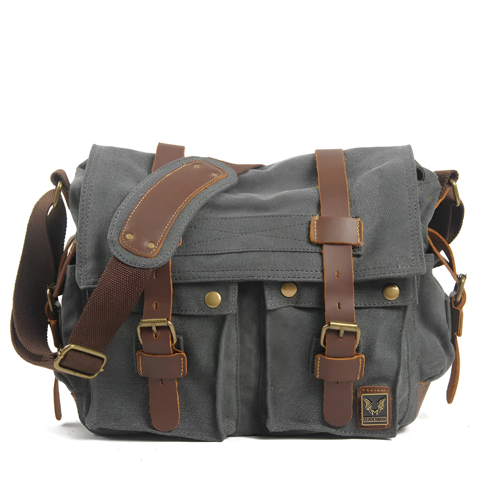 Men's retro canvas crossbody shoulder bag with flap closure and cowhide detailing in multiple colour options