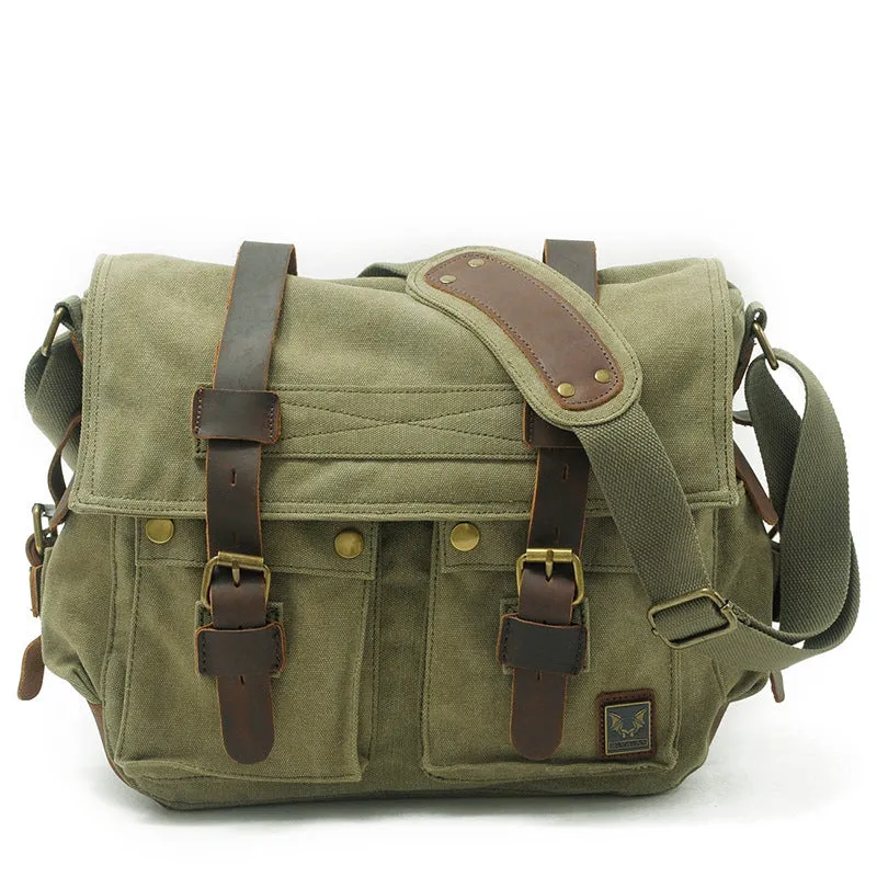 Men's retro canvas crossbody shoulder bag with flap closure and cowhide detailing in multiple colour options