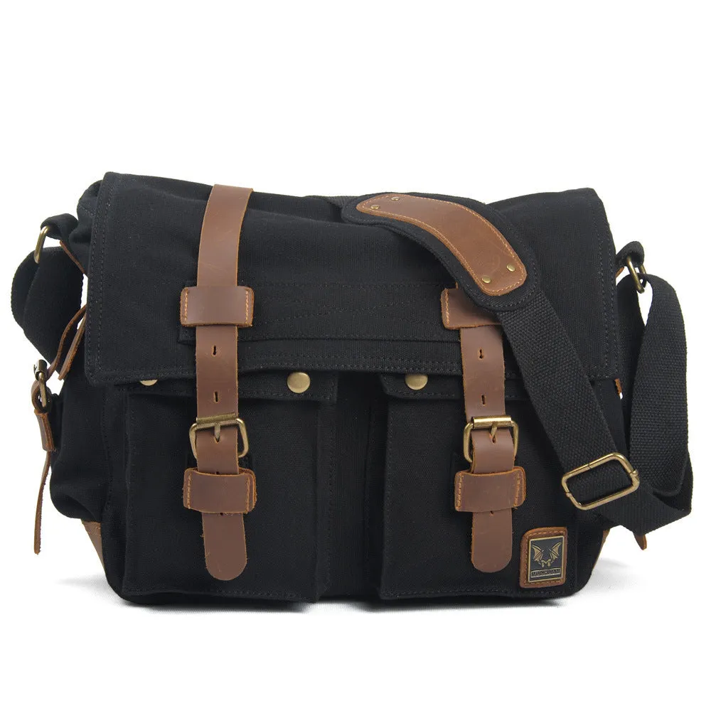 Men's retro canvas crossbody shoulder bag with flap closure and cowhide detailing in multiple colour options