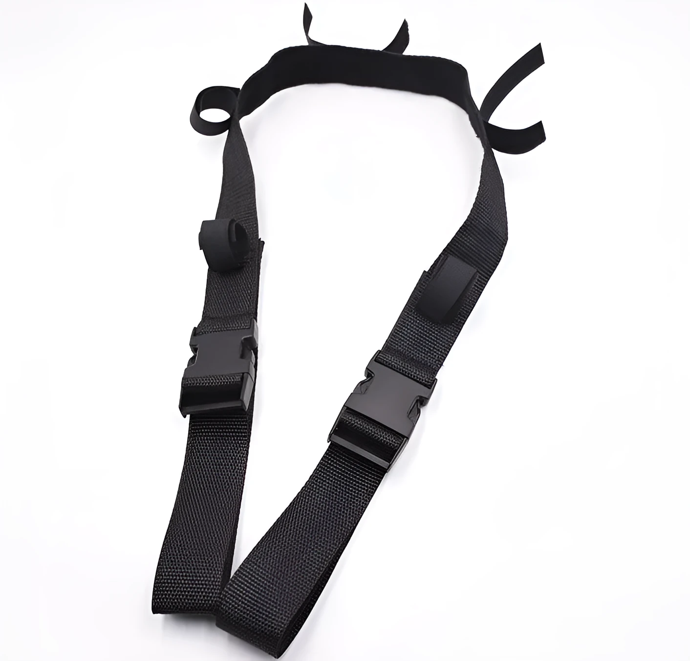 Fishing rod power saver vehicle rod carrier with nylon webbing belt and bracket