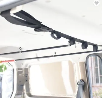 Fishing rod power saver vehicle rod carrier with nylon webbing belt and bracket