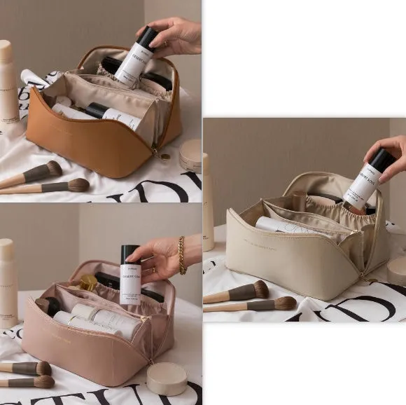 Large Capacity Travel Makeup Storage Bag PU Leather 23.5x10.5x11cm Solid Colour Urban Simplicity Daily Use White Pink Light Brown Black Organiser Case