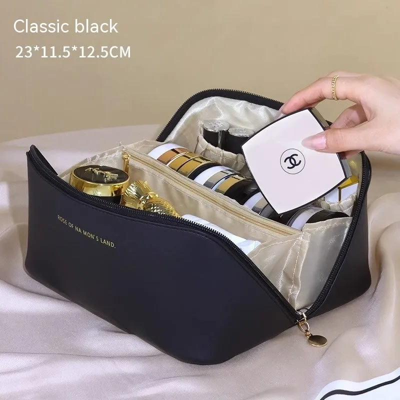 Large Capacity Travel Makeup Storage Bag PU Leather 23.5x10.5x11cm Solid Colour Urban Simplicity Daily Use White Pink Light Brown Black Organiser Case