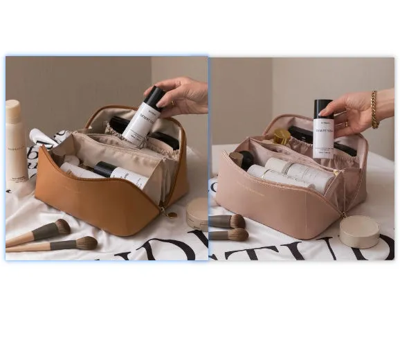 Large Capacity Travel Makeup Storage Bag PU Leather 23.5x10.5x11cm Solid Colour Urban Simplicity Daily Use White Pink Light Brown Black Organiser Case