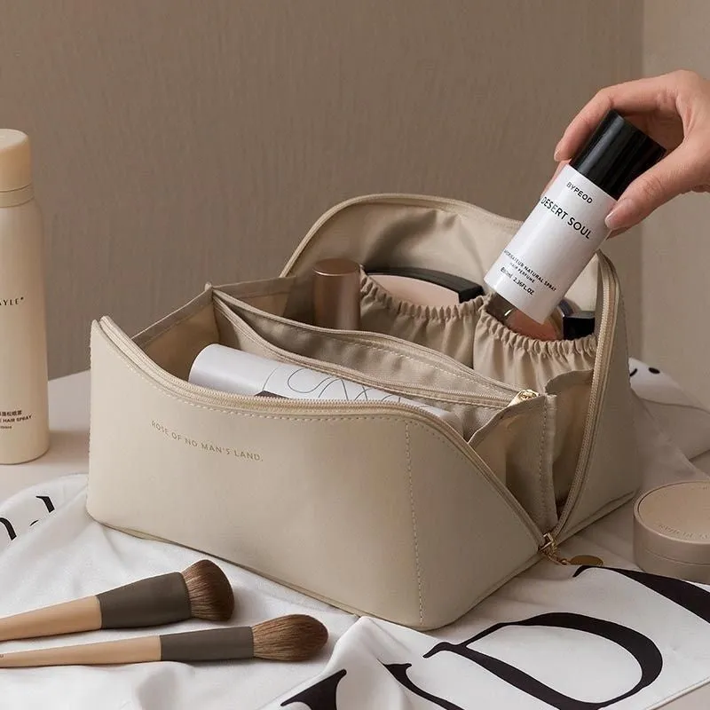 Large Capacity Travel Makeup Storage Bag PU Leather 23.5x10.5x11cm Solid Colour Urban Simplicity Daily Use White Pink Light Brown Black Organiser Case