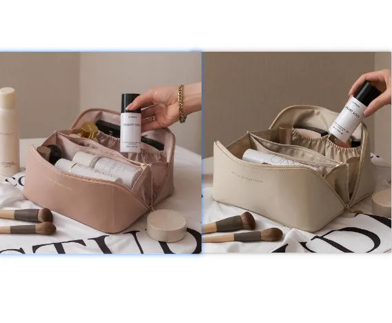 Large Capacity Travel Makeup Storage Bag PU Leather 23.5x10.5x11cm Solid Colour Urban Simplicity Daily Use White Pink Light Brown Black Organiser Case