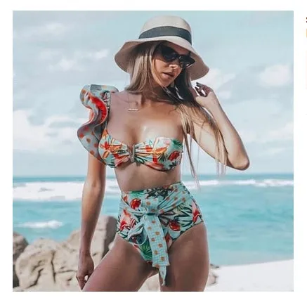 Women's red high waist bikini swimsuit two-piece set with tummy coverage, available in sizes S to XL