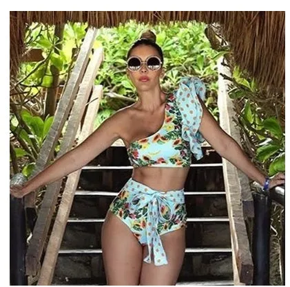 Women's red high waist bikini swimsuit two-piece set with tummy coverage, available in sizes S to XL