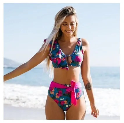 Women's red high waist bikini swimsuit two-piece set with tummy coverage, available in sizes S to XL