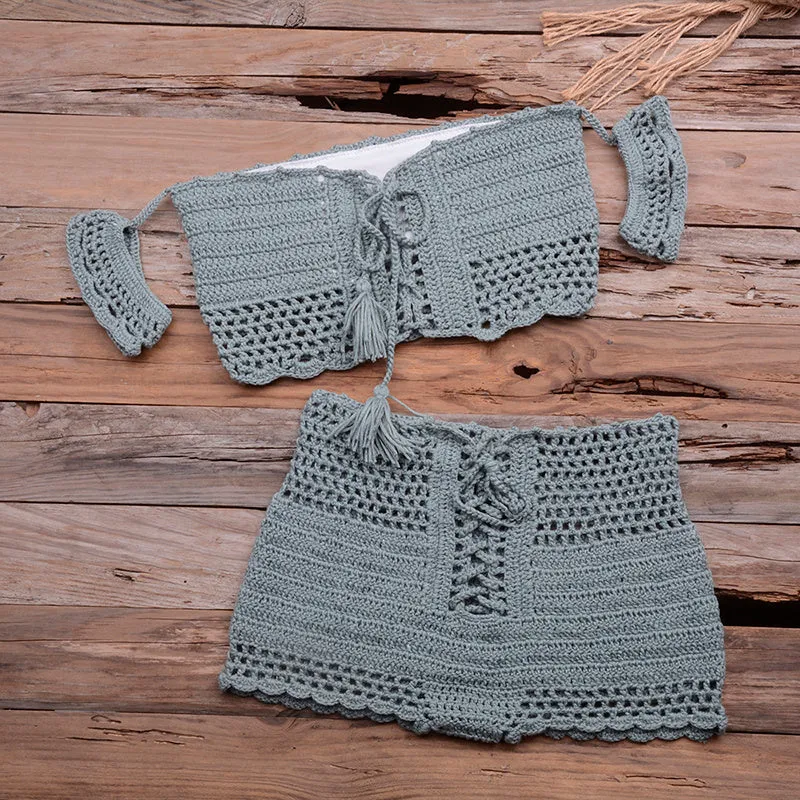 Women's knitted crochet bohemian bikini set in six colours including black white red blue khaki lake green