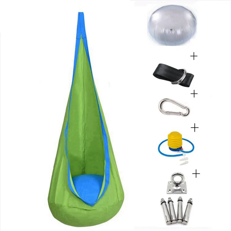 Green cotton pod swing chair hanging outdoors with inflatable cushion