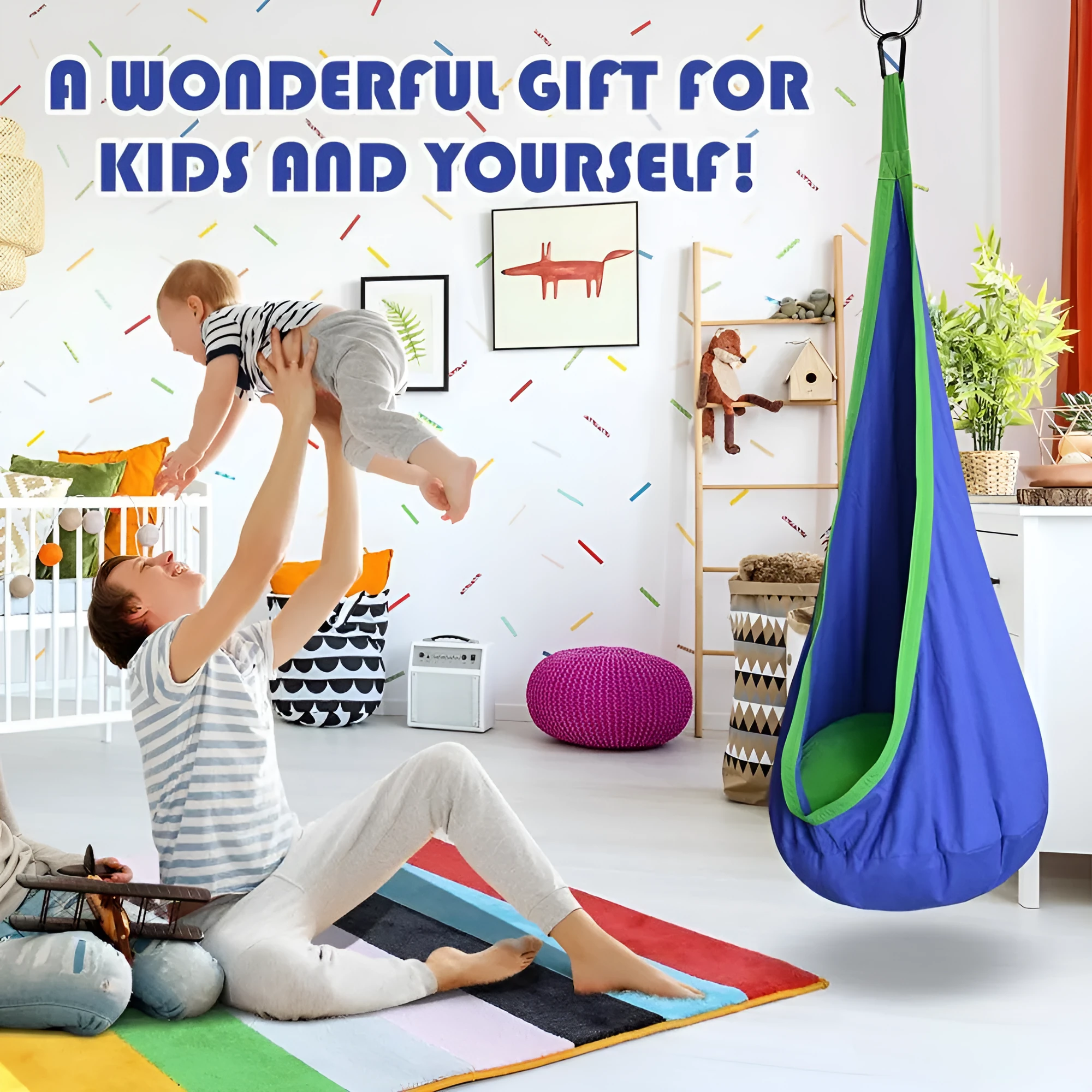 Green cotton pod swing chair hanging outdoors with inflatable cushion