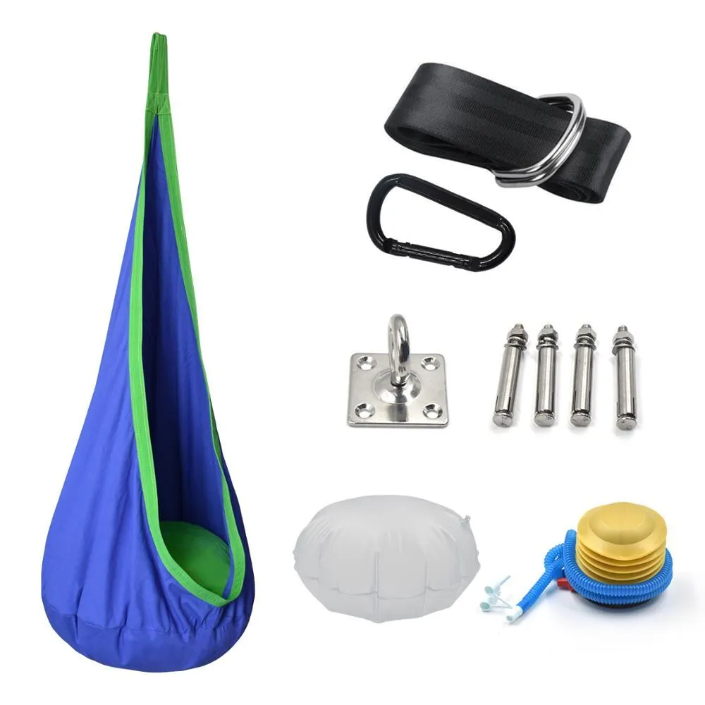 Green cotton pod swing chair hanging outdoors with inflatable cushion