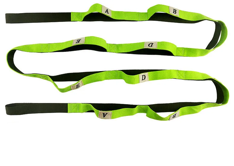 Polyester cotton yoga stretch band in blue, approximately 1.5 metres long, on a white background