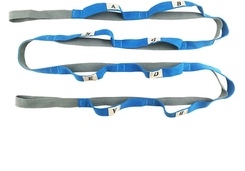 Polyester cotton yoga stretch band in blue, approximately 1.5 metres long, on a white background