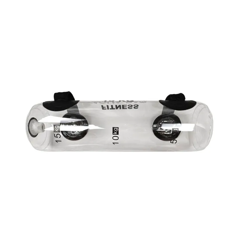 Clear PVC inflatable water bag for weight training, shown with water inside.