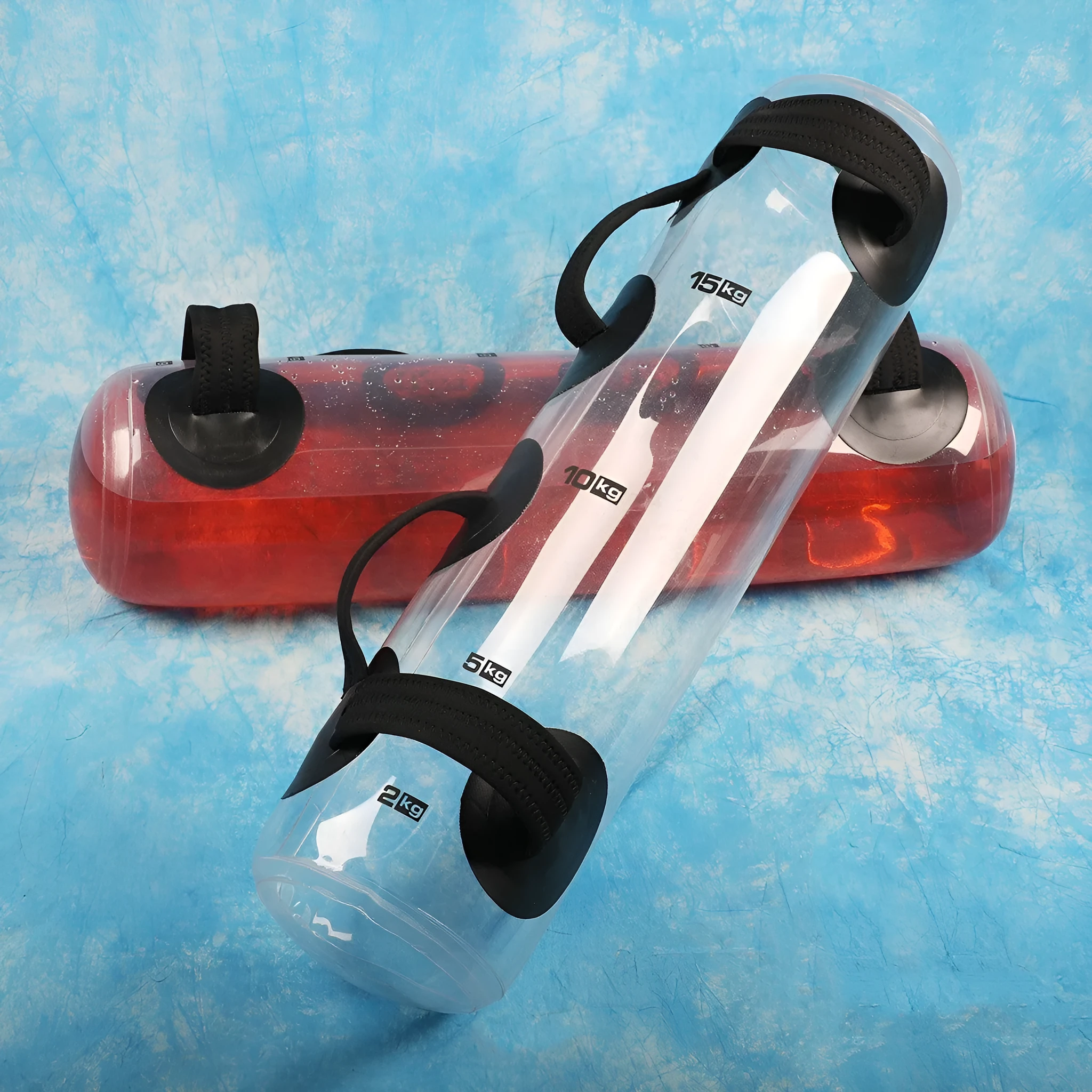 Clear PVC inflatable water bag for weight training, shown with water inside.