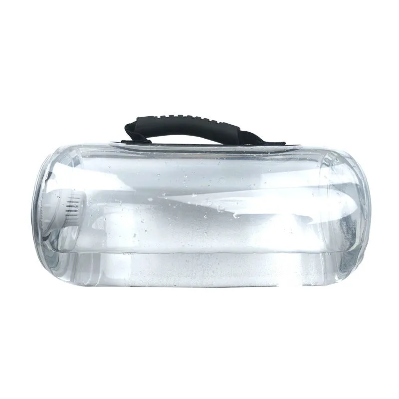 Clear PVC inflatable water bag for weight training, shown with water inside.