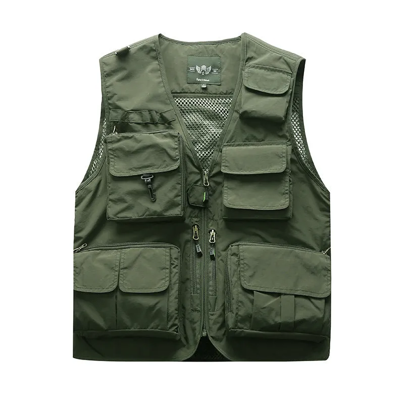 Cotton multi-pocket fishing vest with ribbed hem, available in army green, khaki, dark blue, black, red, orange