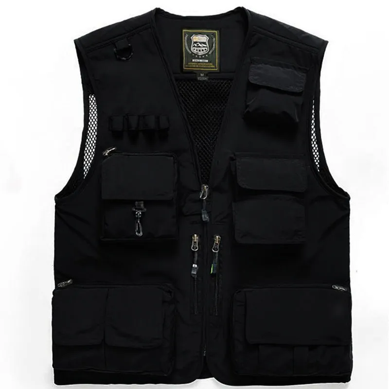 Cotton multi-pocket fishing vest with ribbed hem, available in army green, khaki, dark blue, black, red, orange
