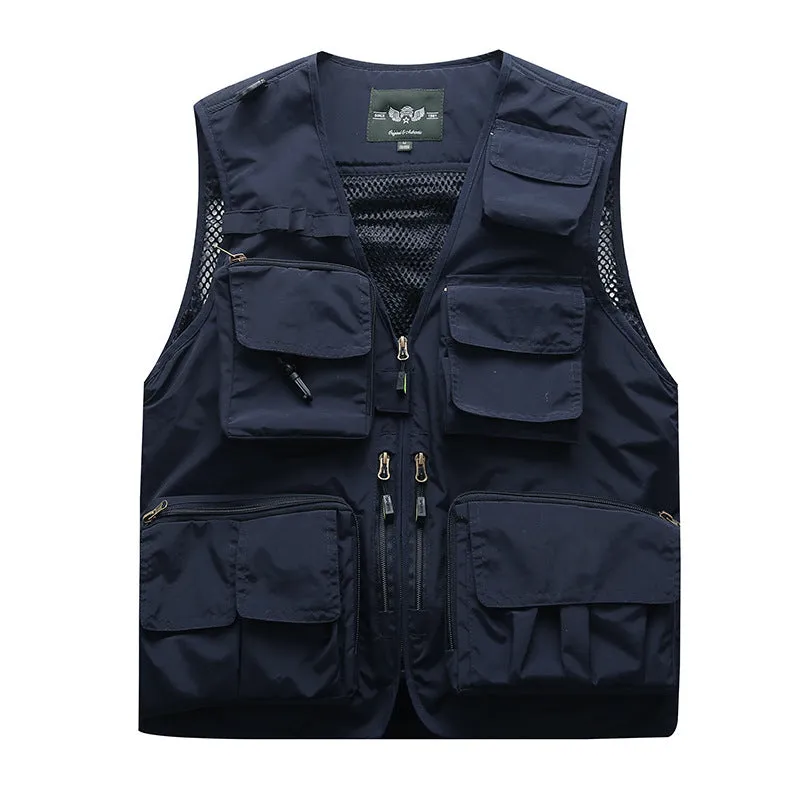 Cotton multi-pocket fishing vest with ribbed hem, available in army green, khaki, dark blue, black, red, orange