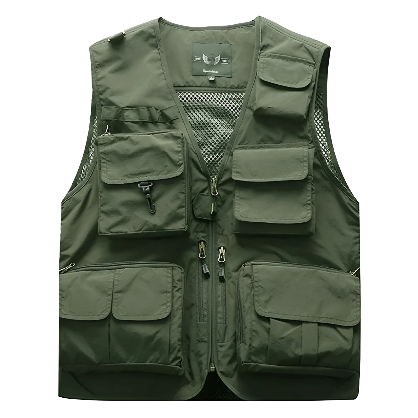 Cotton multi-pocket fishing vest with ribbed hem, available in army green, khaki, dark blue, black, red, orange