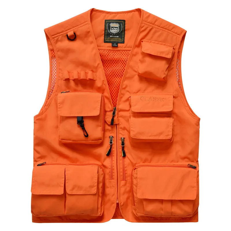 Cotton multi-pocket fishing vest with ribbed hem, available in army green, khaki, dark blue, black, red, orange