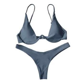 Multi-Color optional bikini swimsuit with strip steel belt and chest pad, available in 15 colours, solid colour open back design