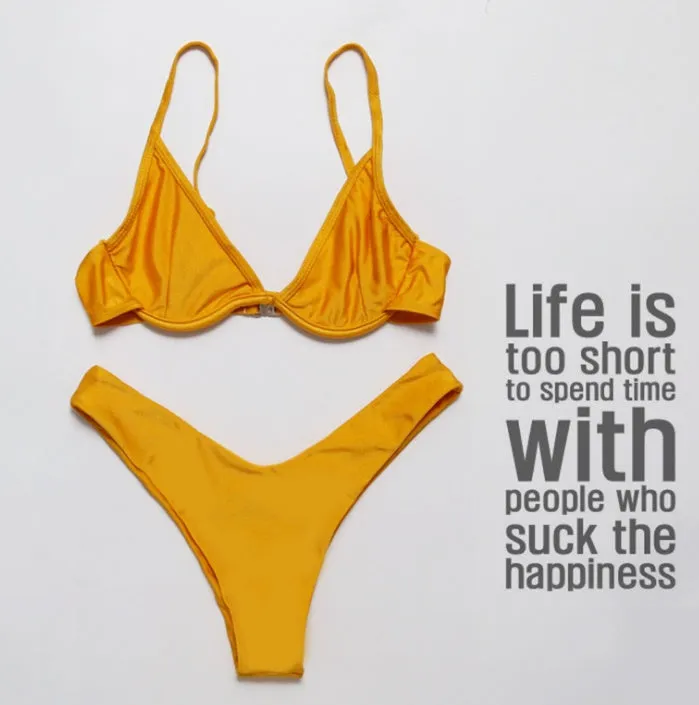 Multi-Color optional bikini swimsuit with strip steel belt and chest pad, available in 15 colours, solid colour open back design