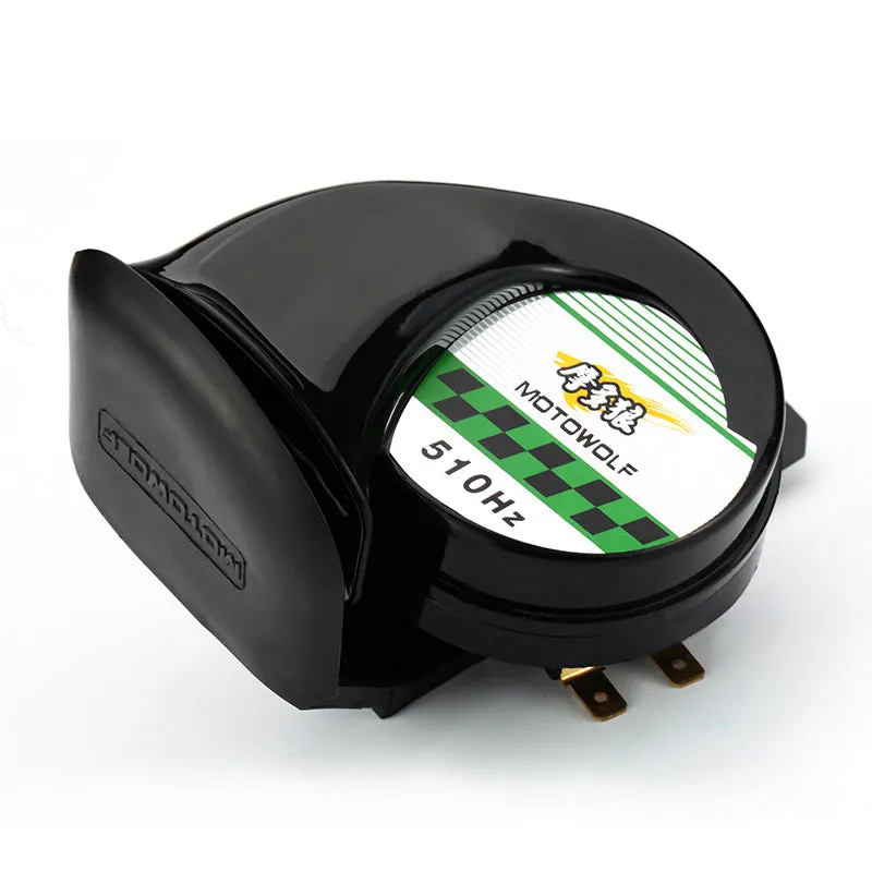 12V car and motorcycle horn with loud 110dB sound output in black ABS plastic