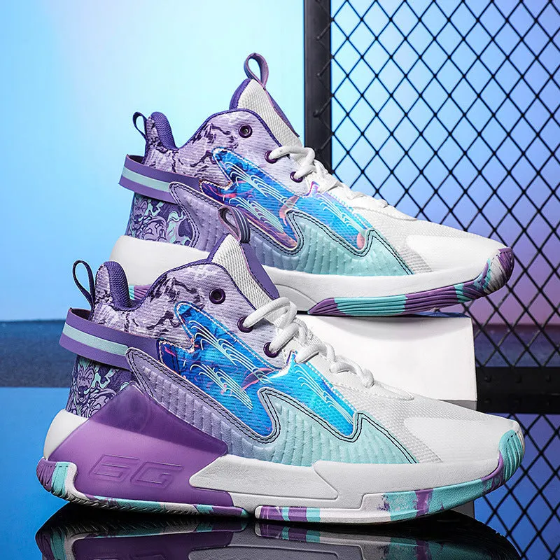 Luminous high-top basketball shoes with mesh upper and graffiti pattern for children in multiple colours