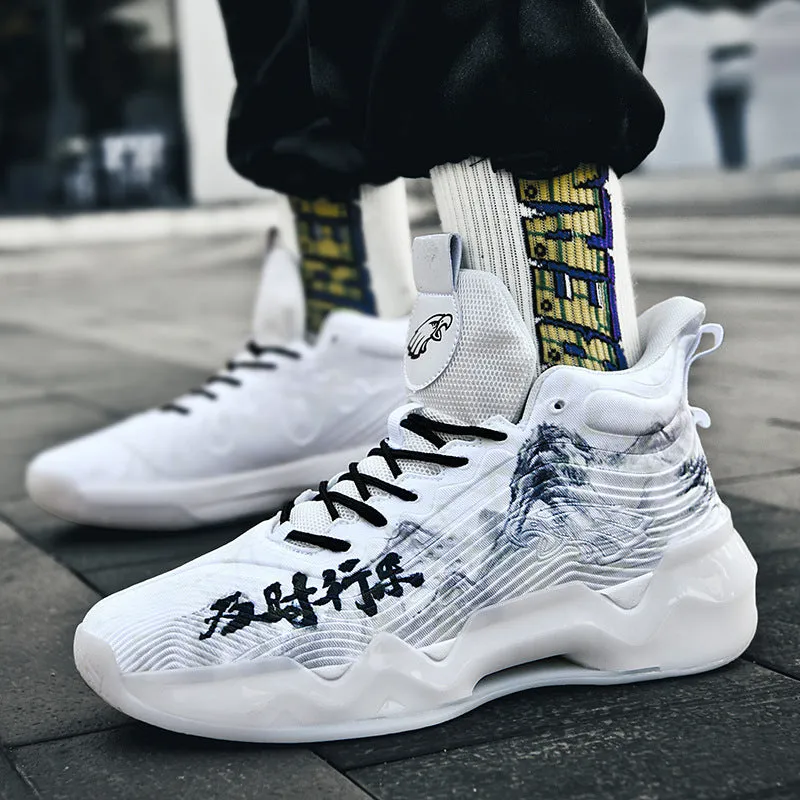 Luminous high-top basketball shoes with mesh upper and graffiti pattern for children in multiple colours