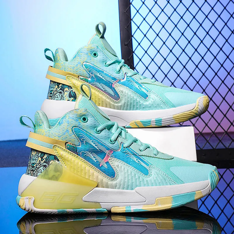 Luminous high-top basketball shoes with mesh upper and graffiti pattern for children in multiple colours