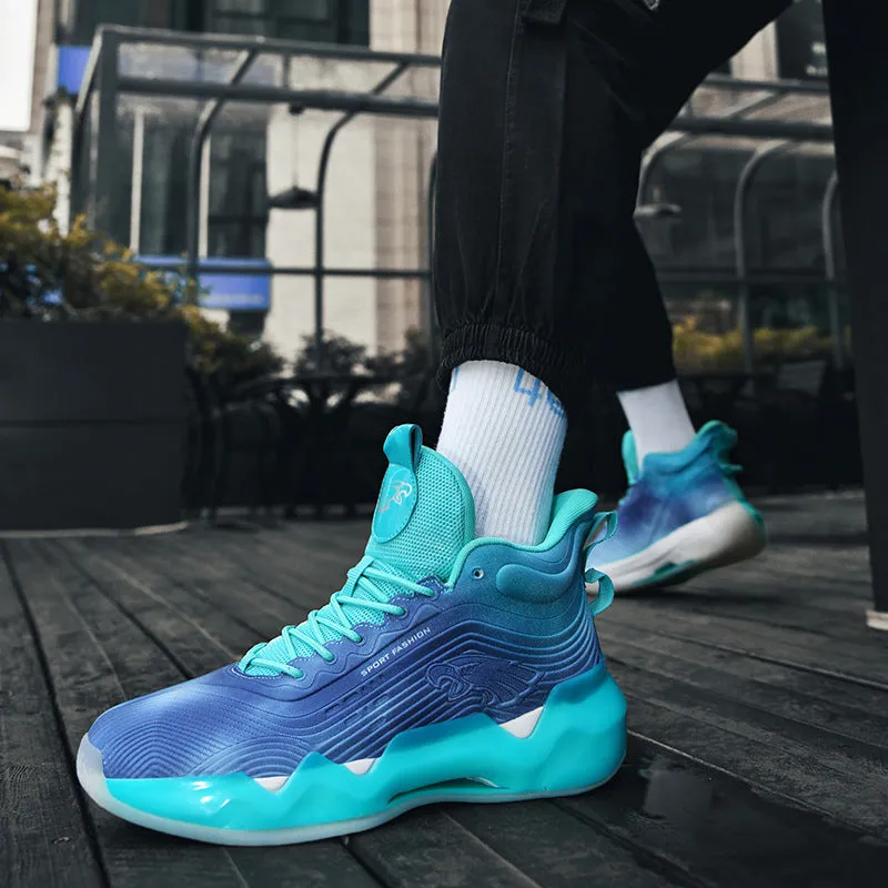 Luminous high-top basketball shoes with mesh upper and graffiti pattern for children in multiple colours