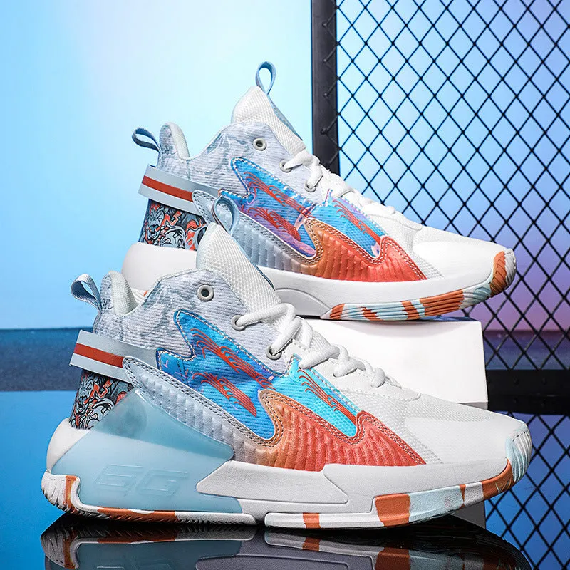 Luminous high-top basketball shoes with mesh upper and graffiti pattern for children in multiple colours