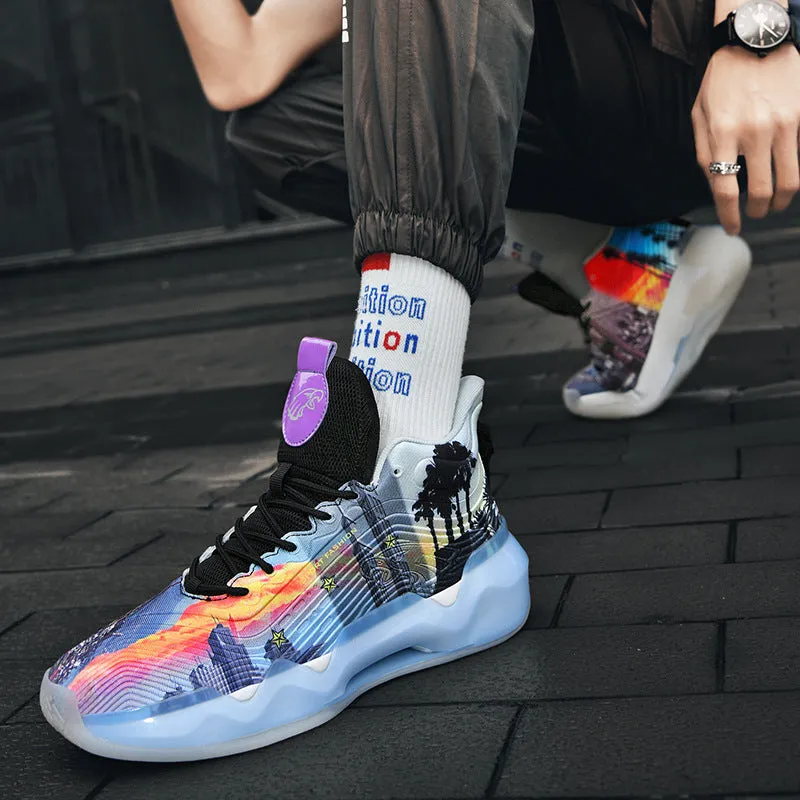 Luminous high-top basketball shoes with mesh upper and graffiti pattern for children in multiple colours
