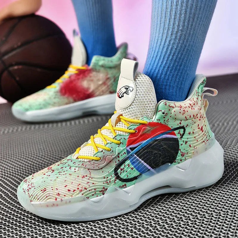 Luminous high-top basketball shoes with mesh upper and graffiti pattern for children in multiple colours