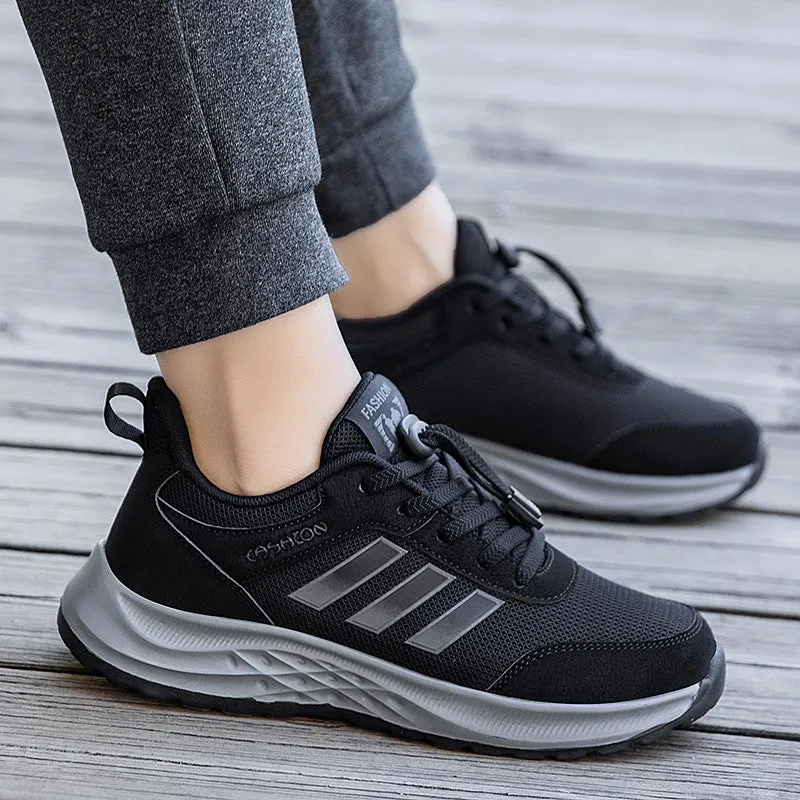 Men's and women's slip-on mom shoes with elastic band and breathable mesh upper in various colours.