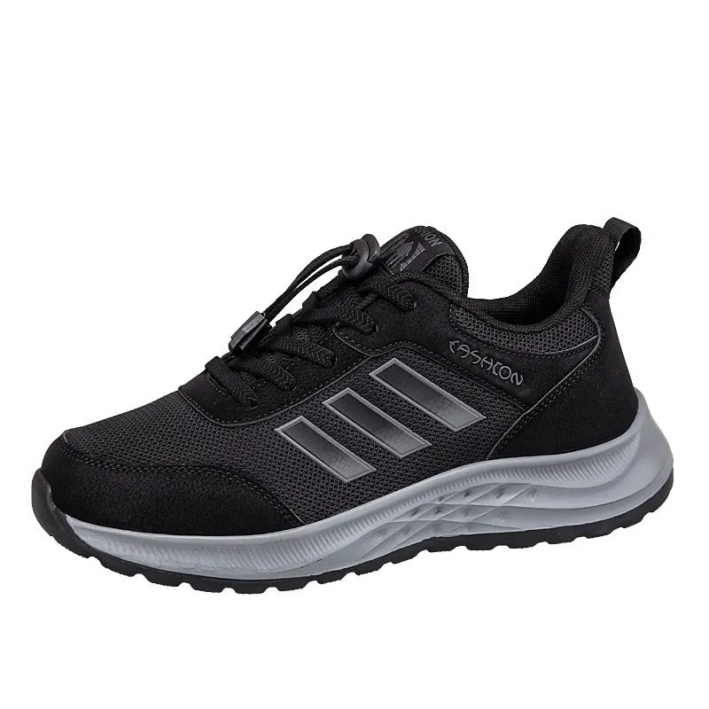 Men's and women's slip-on mom shoes with elastic band and breathable mesh upper in various colours.