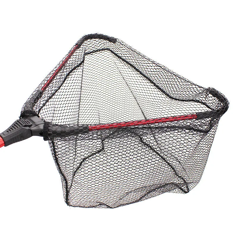Red aluminium alloy single section triangular folding dip net collapsed to 47cm length, with viscose mesh, on a wooden table