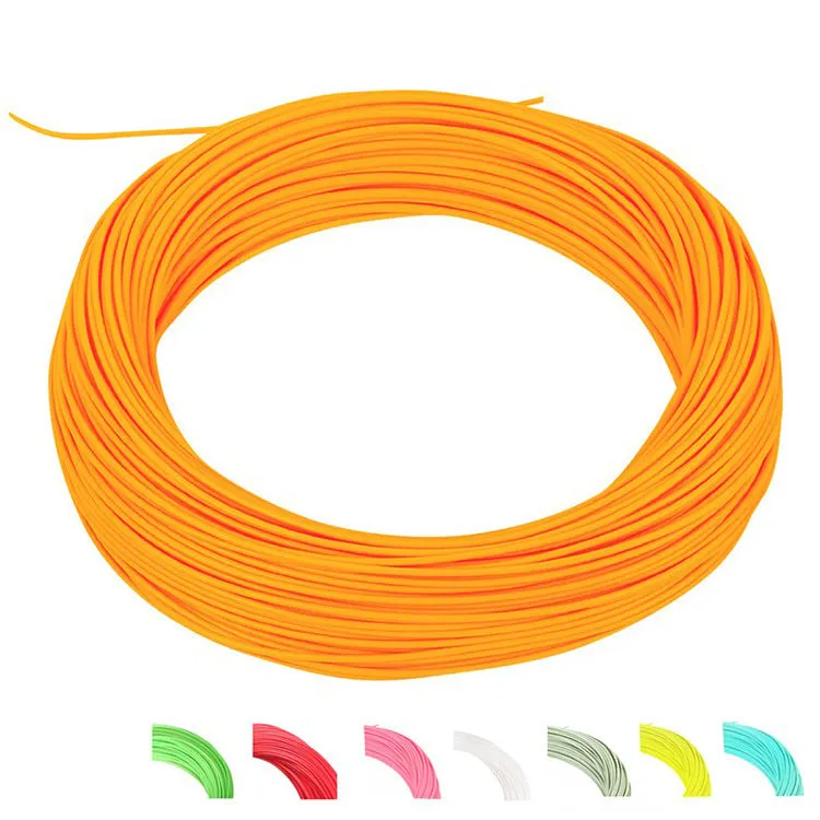 Floating fly fishing line in fluorescent yellow on a dark background showing 100ft length and nylon construction